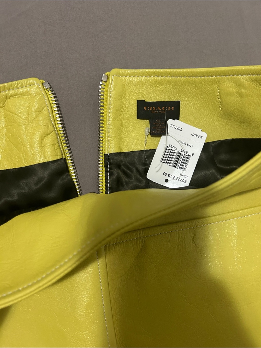 Coach slime Yellow Leather Skirt with Zipper Detail size 2